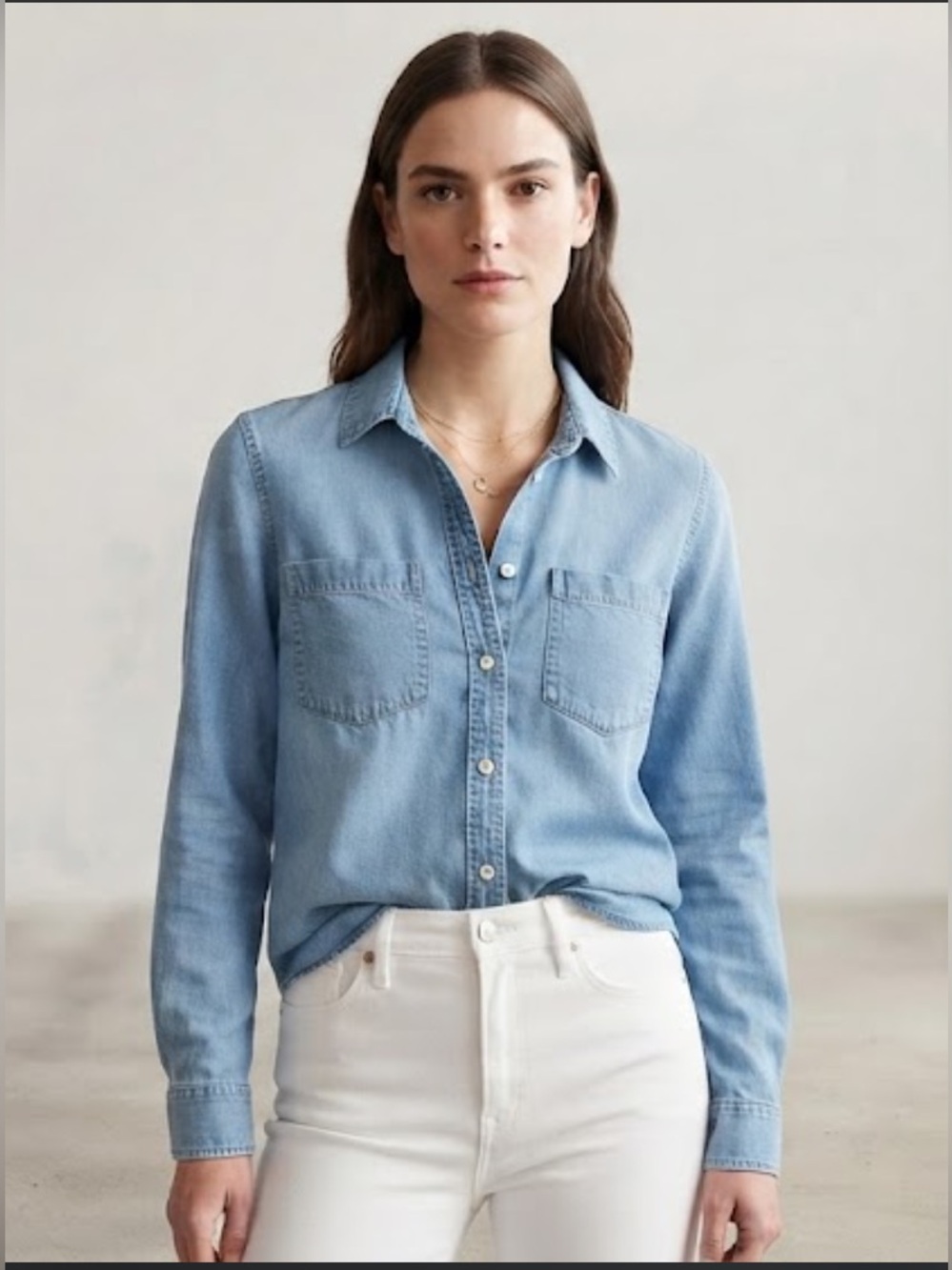 Quince Distressed Denim Long Sleeve Button-Down Shirt- S- MSRP $40
